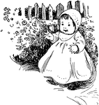 A baby standing in a garden wearing a dress and a bonnet.