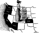 A map of the western half of the United States. The states are labeled for what year they allowed women to vote. In front of the map is an image of a woman voting.