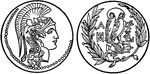 The obverse and reverse sides of an ancient coin of Athens.