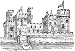 Medieval Castle of the Holy Roman Empire. "1 Moat, 2 Drawbridge, 3 Wicket, 4 Merlons, 5 Embrasures, 6 Rampart, 7 Portcullis, 8 Donjon or Keep, 9 Turret, 10 Escutcheon." -Foster, 1921