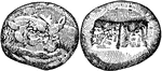 The obverse and reverse sides of one of the earliest coins.