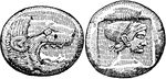 The obverse and reverse sides of one of the earliest coins.