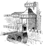 "Fortified gate of a medieval castle...(A) the moat; (B) the drawbridge; (C) the portcullis." -Breasted, 1914