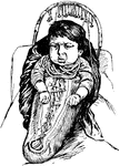 A Native American baby in his cradle or carrier. The term "papoose" is used for both the child and the carrier.
