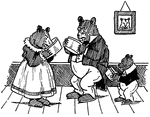 The three bears discovering someone had been eating their porridge.