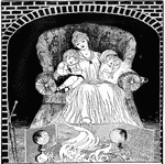 A mother sitting in a chair, warming by the fireplace with her two children.