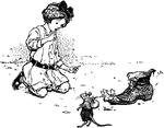 A girl giving mice a home out of a shoe.
