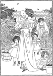 Two mothers and their children walking around a garden.