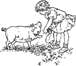 A girl talking to a pig.