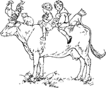 Two children, a rooster, cat, and dog ride on a cow's back.