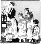 Children following the maid to dinner.