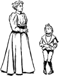 A boy complaining of a stomach ache. The mother looks down at him as if she knows he is pretending.
