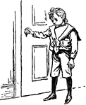 A boy turning a doorknob.