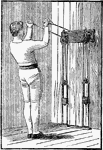 A man exercising with chest weights. In this position, he was bent, brought the handles to his knees and now straightening, bringing them over the shoulders.