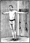 A man exercising with chest weights. In this position, he brings his hands forward together, and returns.