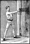 A man exercising with chest weights. In this position, he extends his right arm out horizontally and returns.