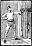 A man exercising with chest weights. In this position, he brings his left arm across his chest.