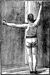 A man exercising with chest weights. In this position, he extends both arms out at the same time: left out horizontally, and right out vertically.