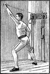 A man exercising with chest weights. In this position, he extends his left arm out upward at a 45 degree angle.