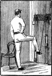 A man exercising with chest weights. In this position, he bends his knee and brings his foot to the buttock, extends it forward again and repeats.