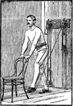 A man exercising with chest weights. In this position, he extends his left leg forward and then bends it back again.
