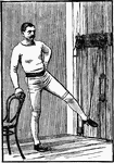 A man exercising with chest weights. In this position, he brings his left leg down to the floor, straight the whole time.