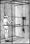 A man exercising with the bridle. This device is used for neck exercises.