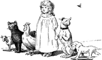 A girl with a cat, chicken, dog, a toy cow, and a toy lion.