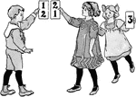 Illustration of children holding number cards that can be used to write mathematics story problems involving addition, subtraction, and comparison.