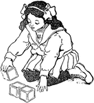 Illustration of a child holding blocks that can be used to write mathematics story problems involving addition, subtraction, and counting.