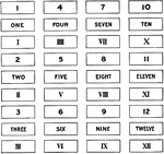 Illustration of cards that can be used for a matching game with Roman numerals, English numerals, and words.