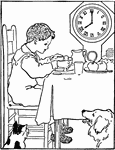 Illustration of a child eating breakfast at 8:00. It can be used to write mathematics story problems involving telling time and roman numerals.