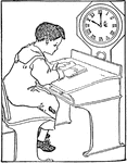 Illustration of a child reading at school at 10:00. It can be used to write mathematics story problems involving telling time and roman numerals.
