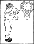 Illustration of a child reading at school at 11:00. It can be used to write mathematics story problems involving telling time and roman numerals.