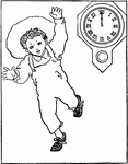 Illustration of a child running at 12:00 noon. It can be used to write mathematics story problems involving telling time and roman numerals.