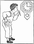 Illustration of a child making a clock face at 3:00. It can be used to write mathematics story problems involving telling time and roman numerals.