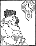 Illustration of a child hugging his mother at 4:00. It can be used to write mathematics story problems involving telling time and roman numerals.