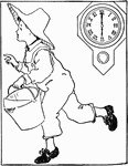 Illustration of a child running with a pail at 6:00. It can be used to write mathematics story problems involving telling time and roman numerals.