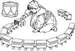 Illustration of a child playing with train cars. It can be used to write mathematics story problems involving addition, subtraction, and counting.