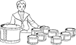 Illustration of a child with 8 quarts and 1 peck. He is using the baskets to practice measuring. It can be used to write mathematics story problems involving addition, subtraction, money, measurement, and counting.