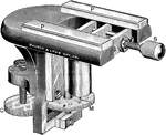"Simple microtome for clamping to table. P, P, plate glass ways for the section knife; S, milled-head for clamping the object; M, micrometer milled-head for turning the screw that raises the object as the sections are cur; C, milled-head for clamping the microtome to the table." -Stevens, 1916