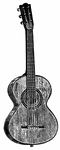 A musical instrument having a large flat-backed sound box, a long fretted neck, and usually six strings, played by strumming or plucking.