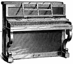 A piano having the strings mounted vertically in a rectangular case with the keyboard at a right angle to the case.