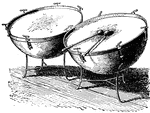 A kettle-drum is a great hemispheric basin of copper, a sort of cauldron, covered with calfskin strained so tight to give it musical vibrations. It is usual to have two drums of unequal size.