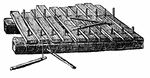 A percussion instrument consisting of a mounted row of wooden bars graduated in length to sound a chromatic scale, played with two small mallets.
