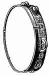A wooden ring, over which parchment is stretched and around which are hung little disks of metal in pairs jingles
