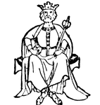 King sitting on throne with scepter.