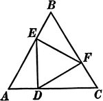 Illustration used to prove that triangle EFD is equilateral given that triangle ABC is equilateral and AE=BF=CD.