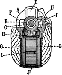 This image "shows a cross section through the magazine empty, and with cut-off "on," shown in projection. The parts are receiver, A; bolt, B; firing pin, C; cut-off, D; rear lug slot, E; bolt locking lug channels, F; magazine, G; follower, H; magazine spring, I; and floor plate, J." -Moss, 1914