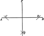 Illustration of the construction used to create a perpendicular to a straight line from a given point not on the line.